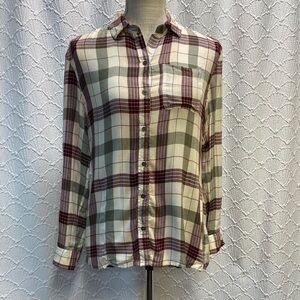 True Craft size XS burgundy gray cream Plaid long sleeve button down‎ soft cozy